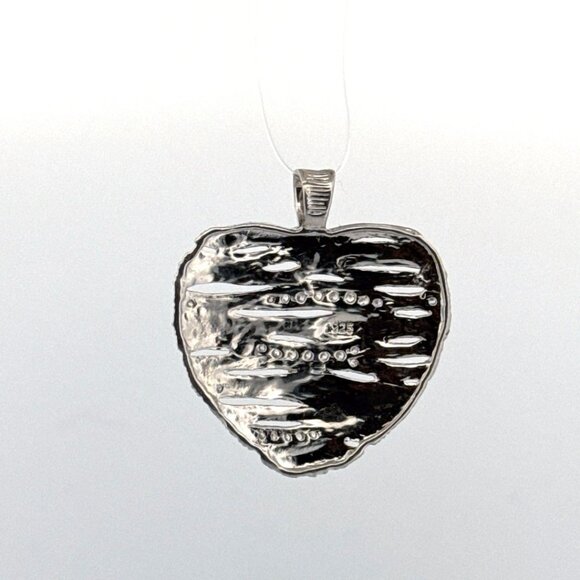 Estate Sterling Silver 925 Heart Pendant Textured Lines & CZ, 36.6mm, 6.7g - Picture 3 of 8